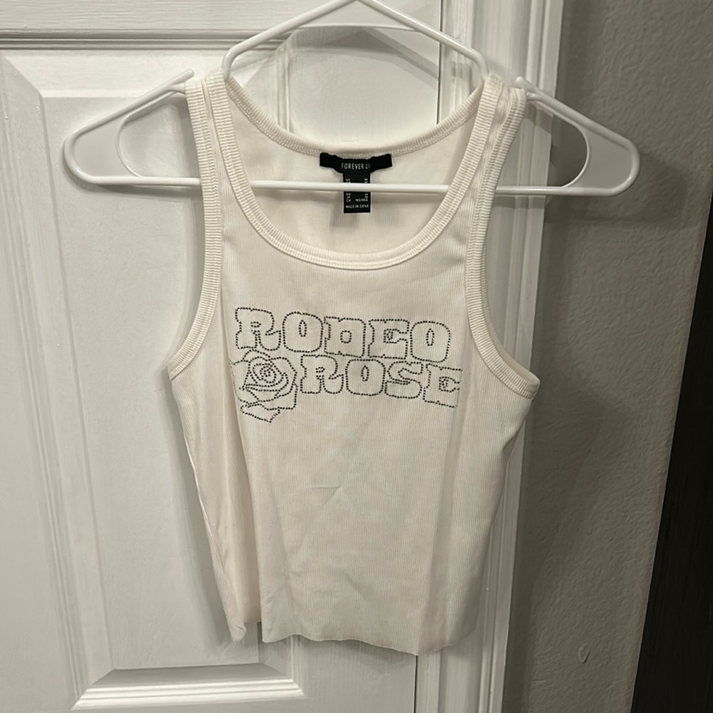 white bedazzled “rodeo rose” tank top